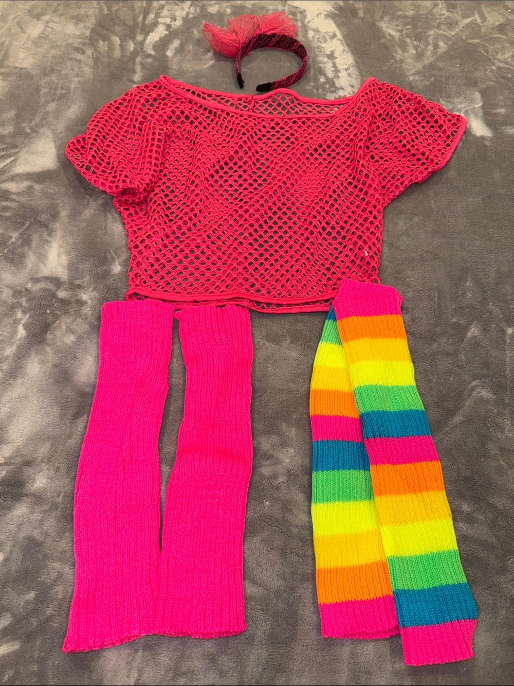 Pink Fishnet Top with Leg Warmers and Rainbow Socks